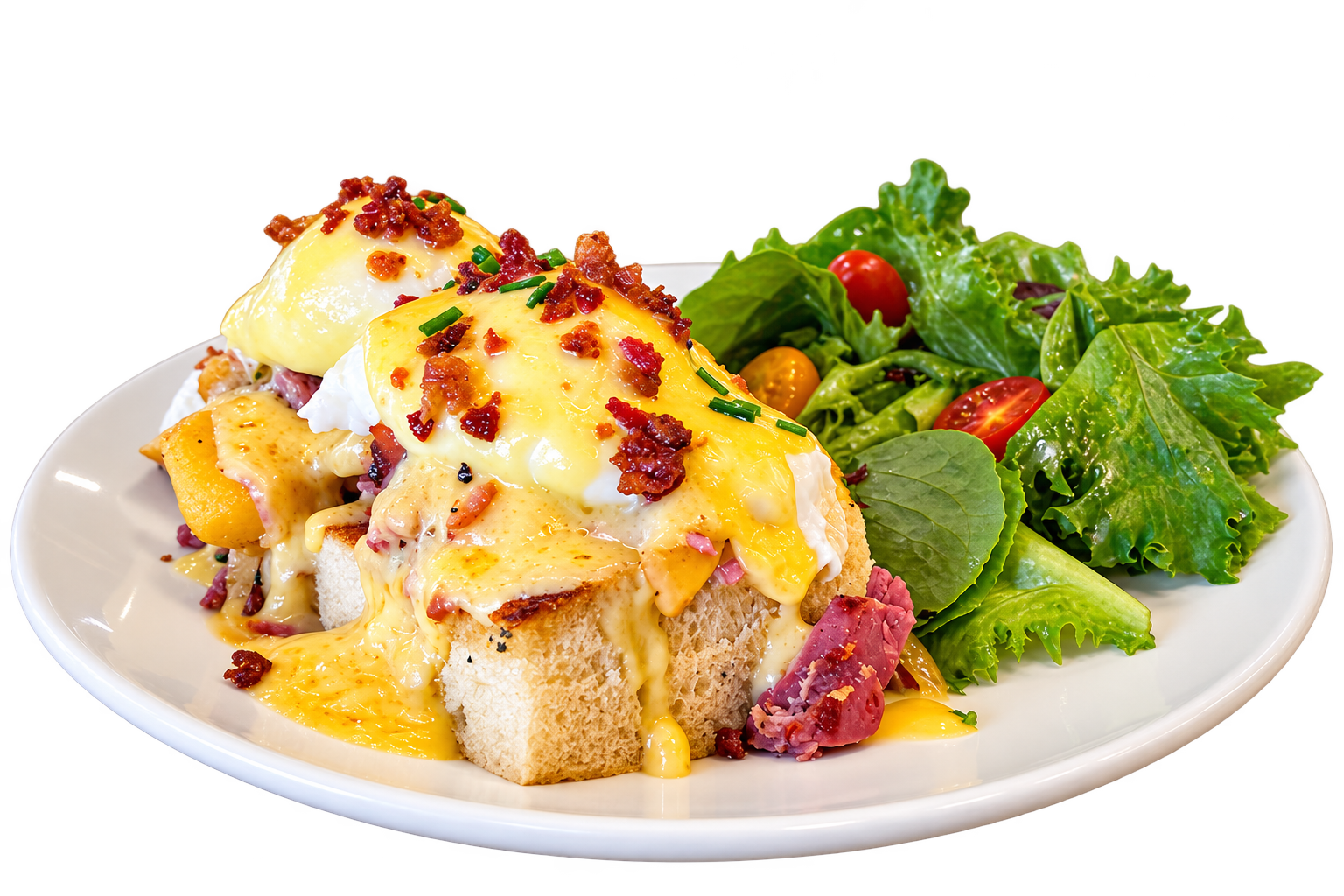 Eggs Benedict topped with bacon, served with a side salad